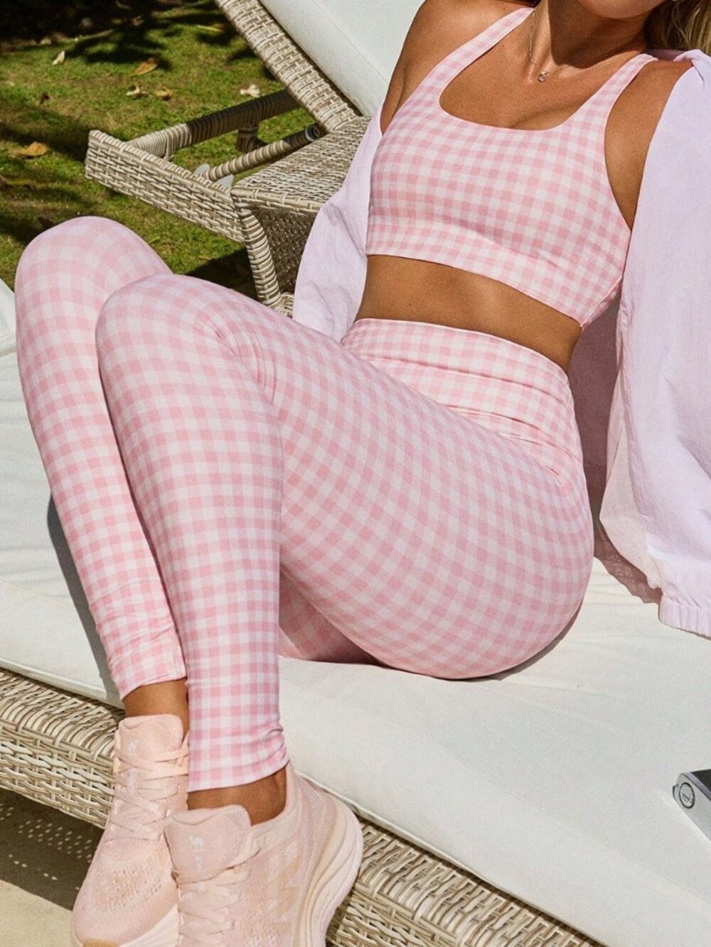 Pink Casual Women's Plaid Sports Tank Top and Pants Set